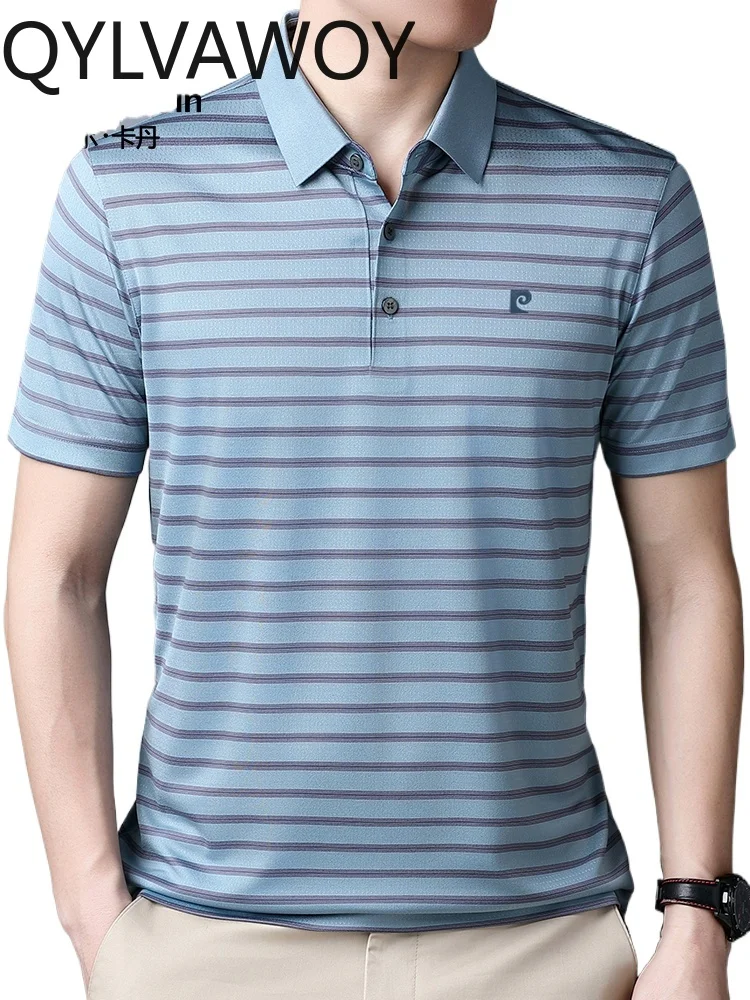 

QYLVAWOY 100% Silk 2025 New Summer Men's Silk Short-Sleeve T-Shirt Middle-Aged Lapel Dad's Ice Silk Polo Shirt LJ2203