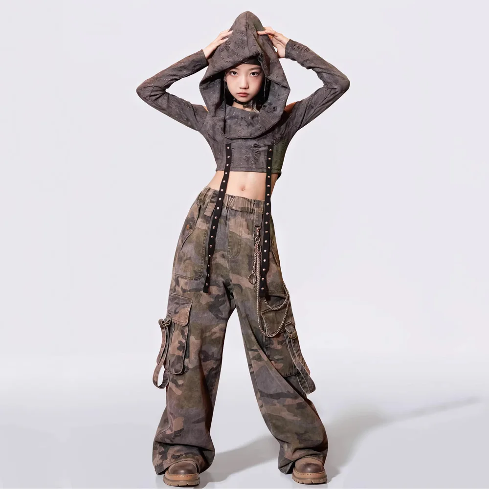 

Girls Jazz Dance Performance Clothes Hollowed-out Gray Tops Camouflage Cargo Pant Child Hip Hop Street Dance Costume