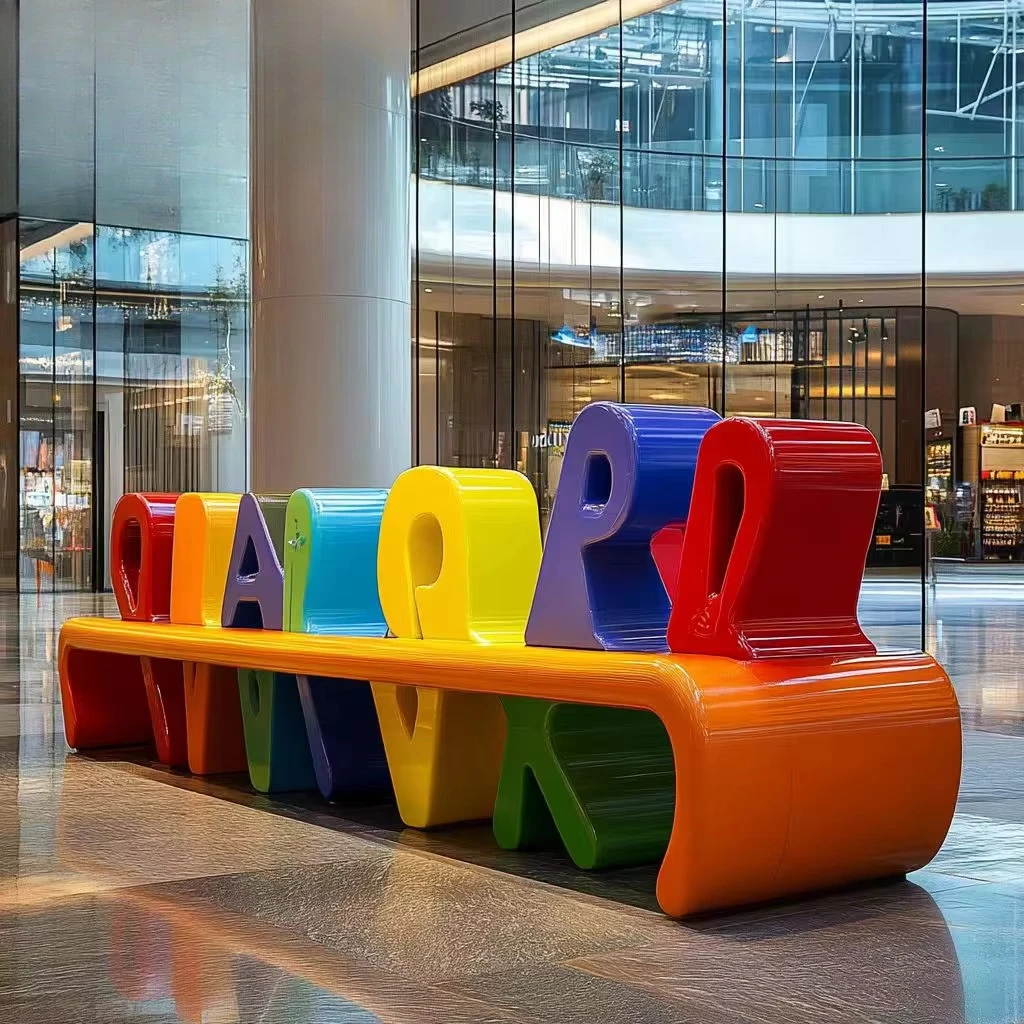 Custom China Waterproof Public Rest Artistic Waiting Letter Fiberglass Bench Lounge Chair Square Decoration for Park Outdoor