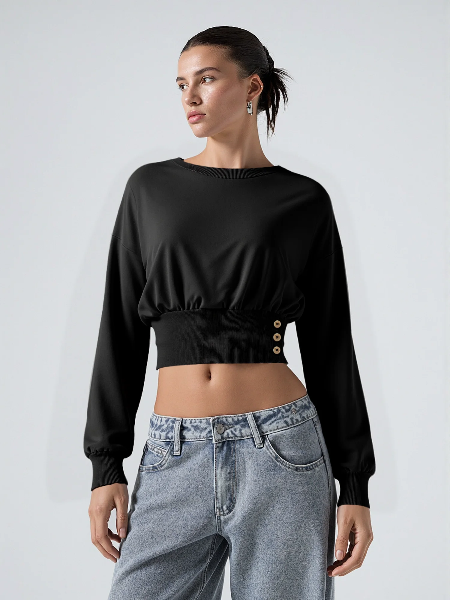 Spring‑Fall Travel‑Ready Cropped Sweatshirt, Side‑Button Waist‑Cinch Pullover for Road‑Trips & Sight‑Seeing Tours