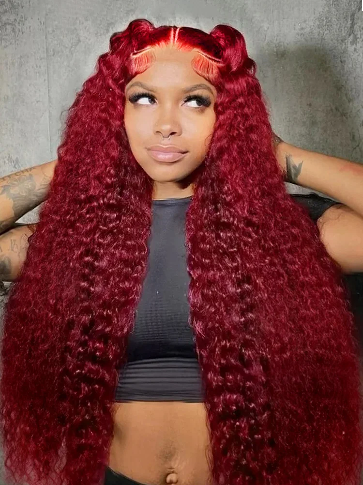 250 Density 30 40 Inch Water Curly 99J Burgundy 13x4 Lace Frontal Wig Red Colored Deep Wave 13x6 HD Lace Front Human Hair Wigs