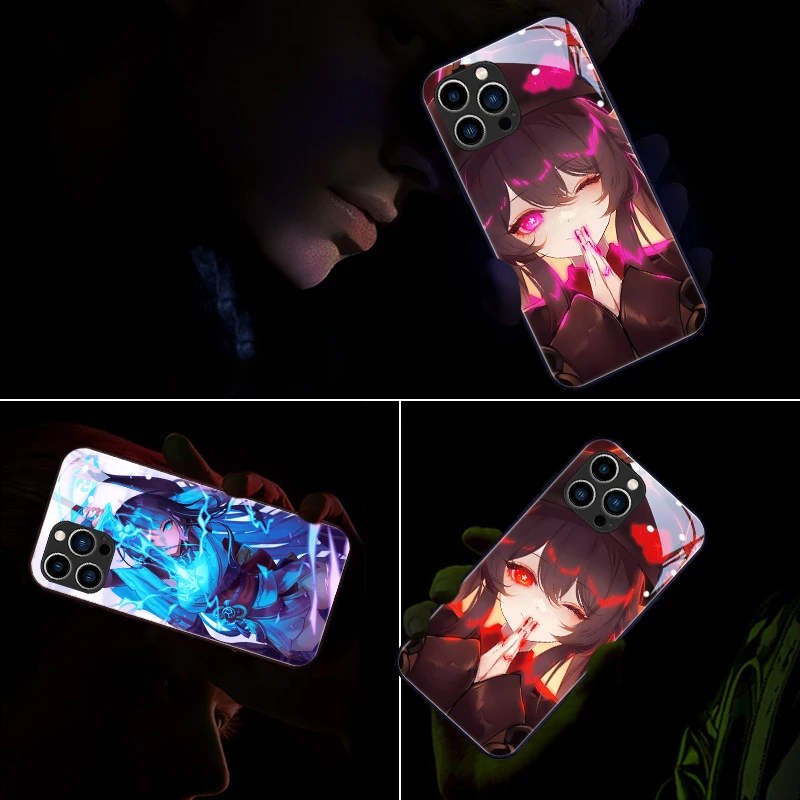 Anime LED Light Glowing Luminous Tempered Glass Back TPU Border Phone Case for iPhone 11 12 13 14 15 X Xs Xr Mini Pro Max Plus