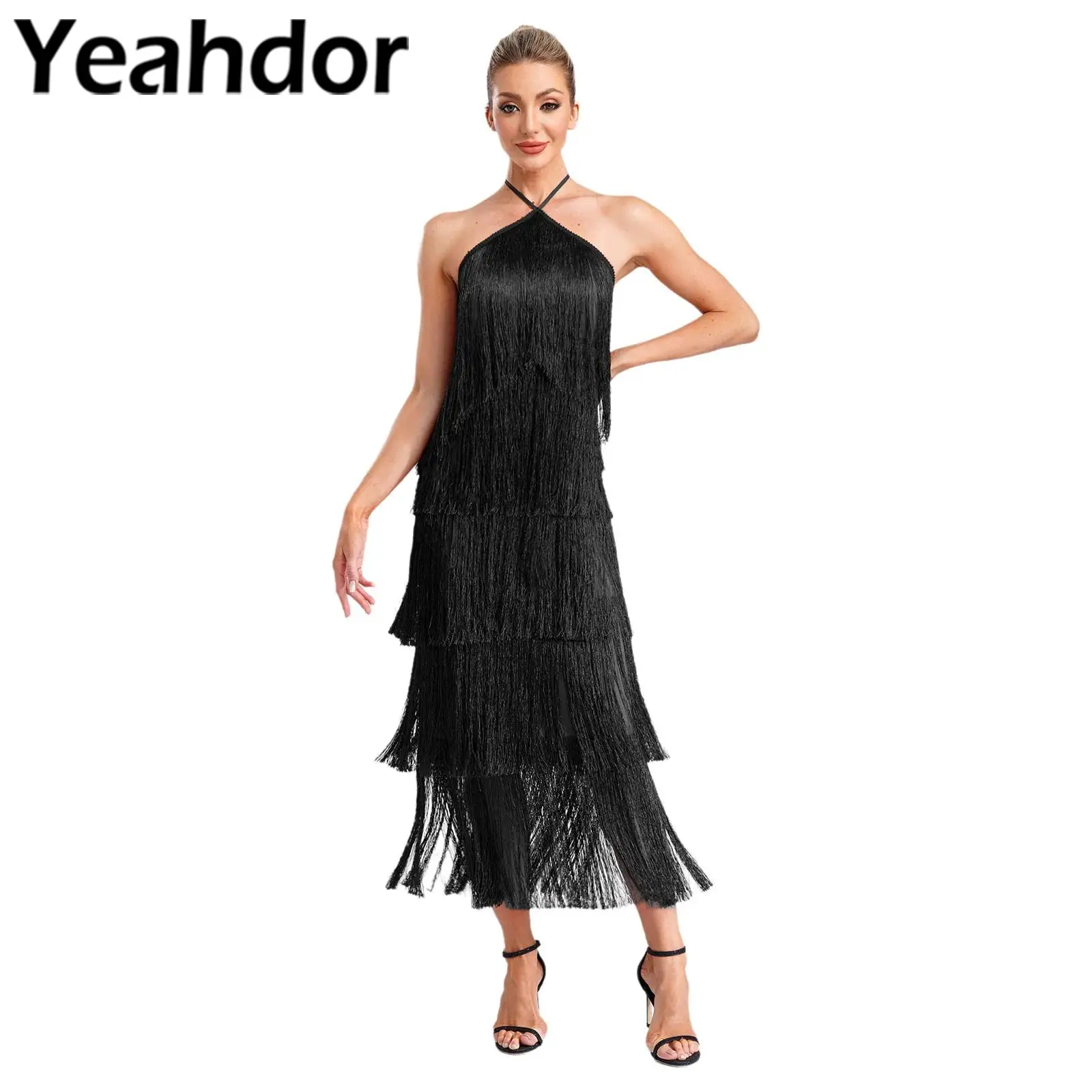 Women's Evening Gown Fringe Dress Vestido Feminino Halter Self-tied Strap Backless Slit Robes Party Banquet Club Cocktail Dress