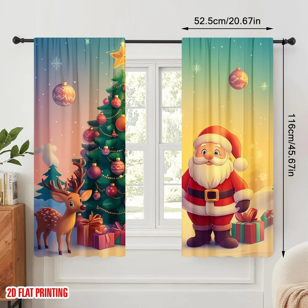 2pcs,2D plane printing Popular Curtains Cute Santa Christmas Tree Gifts (3) Durable 100% Polyester Fabric (without rod)