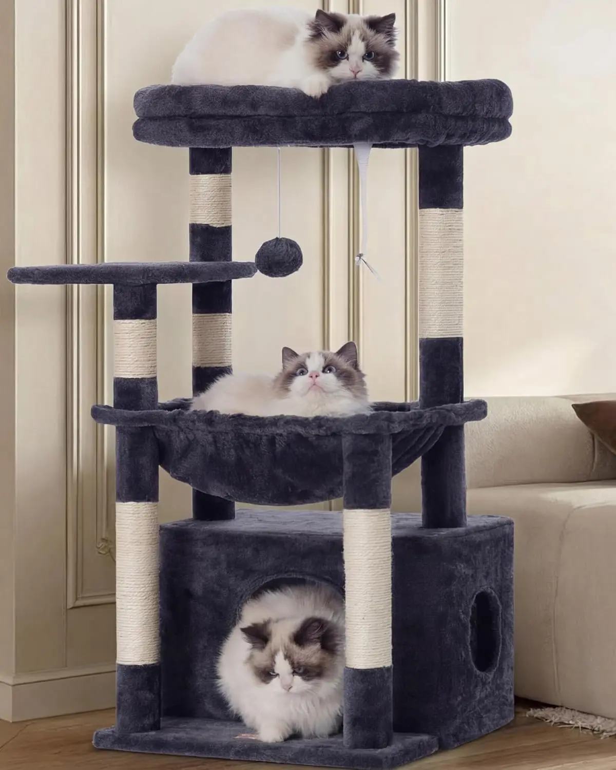 

Cat Tree with Soft Basket, Spacious Bed Cave, Sisal Scratching Posts & Dangling Ball for Indoor Cats in Smoky Gray