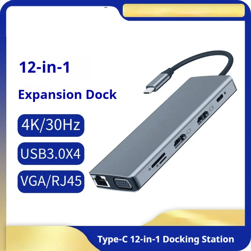 12-in-1 Type-C Docking Station, 4K HDMI, VGA, 100Mbps Ethernet, USB Hub Splitter
