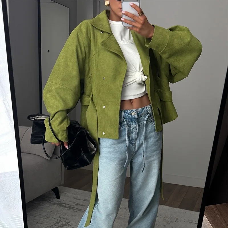 Women's Short Motorcycle Jacket, Multifunctional With A Necklace False Suede Outerwear, Women's Windbreaker Outfits Vestidos