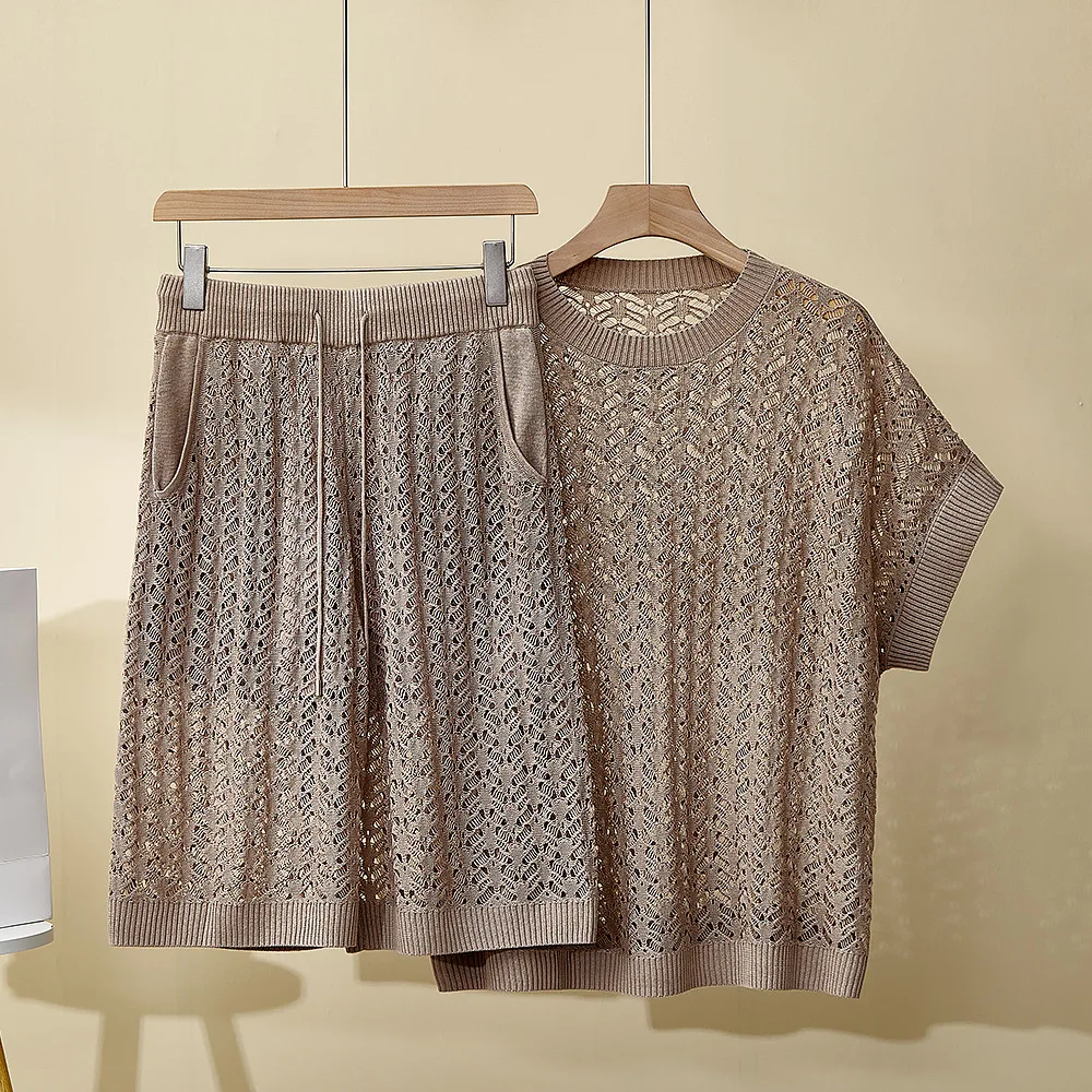 الصيف B * C المرأة الجديدة جوفاء دعوى جولة الرقبة الحرير الكتان قصيرة الأكمام أزياء السراويل غير رسمية قطعتين مجموعة