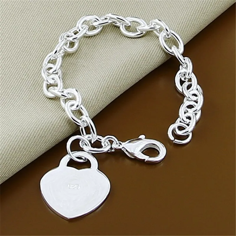 

925 Sterling Silver Heart Tag Pendant Bracelet For Woman Charm Wedding Engagement Fashion Party Jewelry