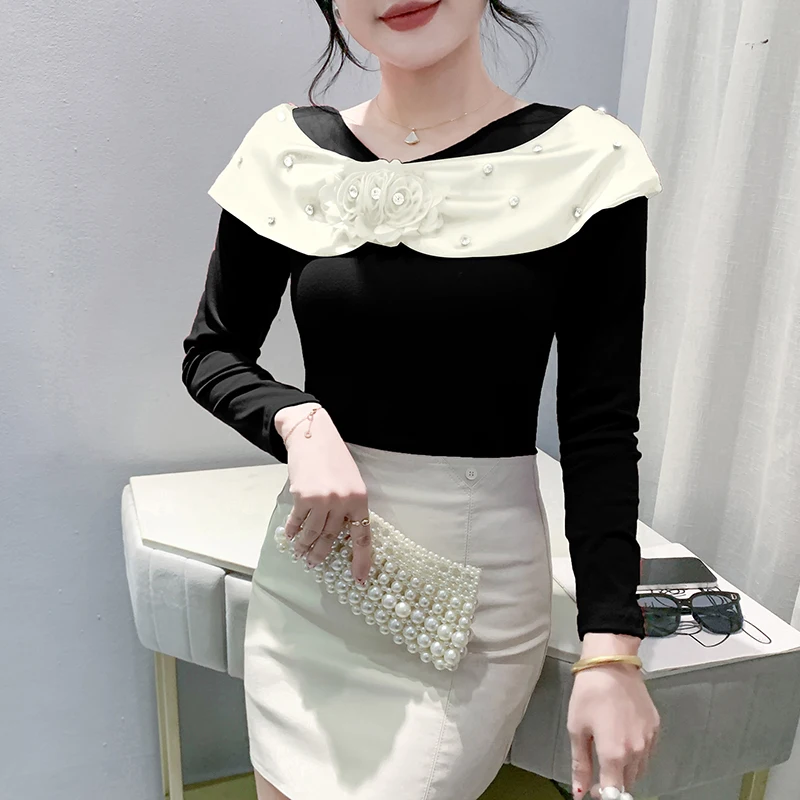 

Black Korean Style Fall Winter T-Shirt Chic Sexy V-Neck Shiny Beads Patchwork 3D Flower Women Tops Long Sleeve Tees 2024 New 491