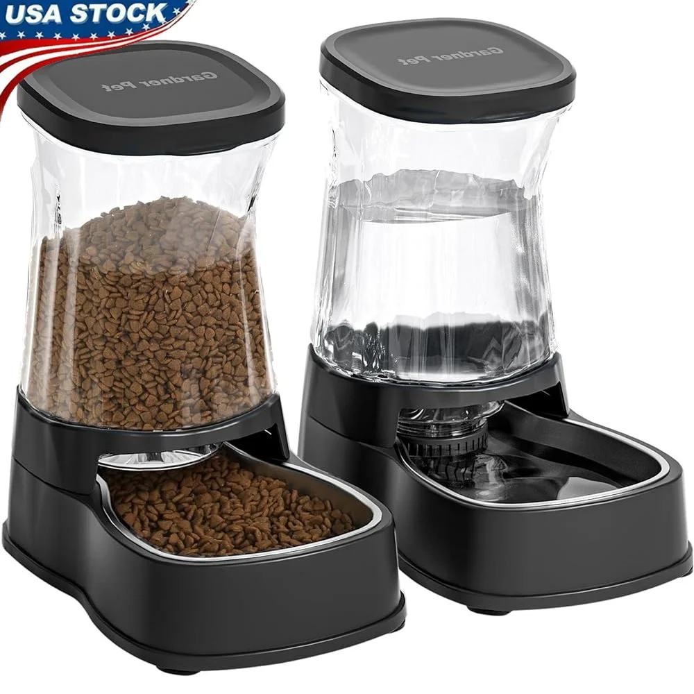 

Automatic Pets Gravity Feeder Water Dispenser Set Stainless Steel Bowl 1Gallon Stable Dog Food Water Automatic Refill System