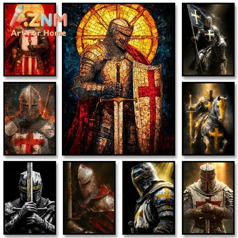 1pc Frameless Vintage Crusader Knights Poster Prints Stained Glass Knight Crusader Canvas Painting Wall Art Picture for Home Dec