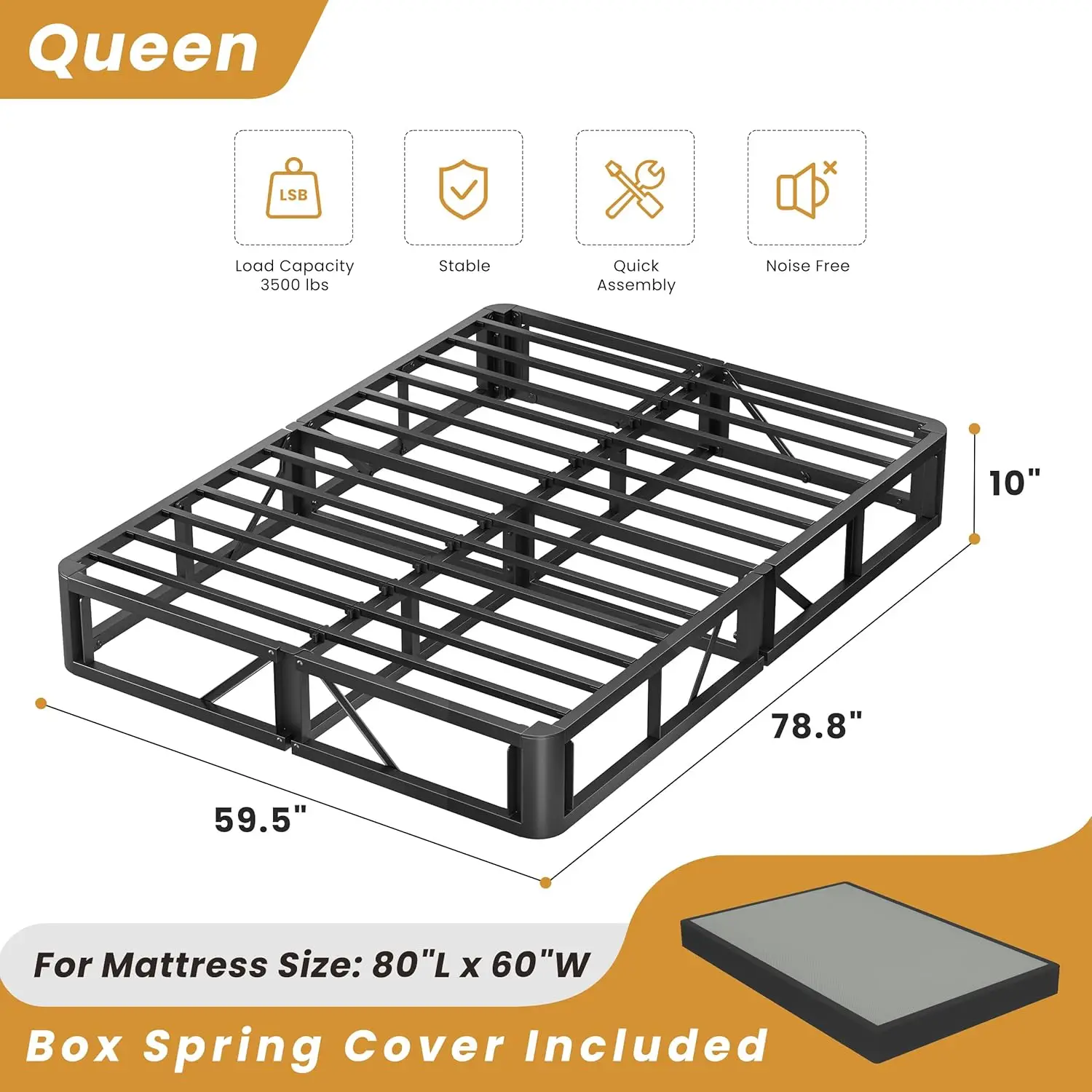 Maf Queen Box Spring 10 Inch High Profile Box Spring For Queen Bed, Queen Size Bed Base 3500 Lbs Black Heavy Duty Metal