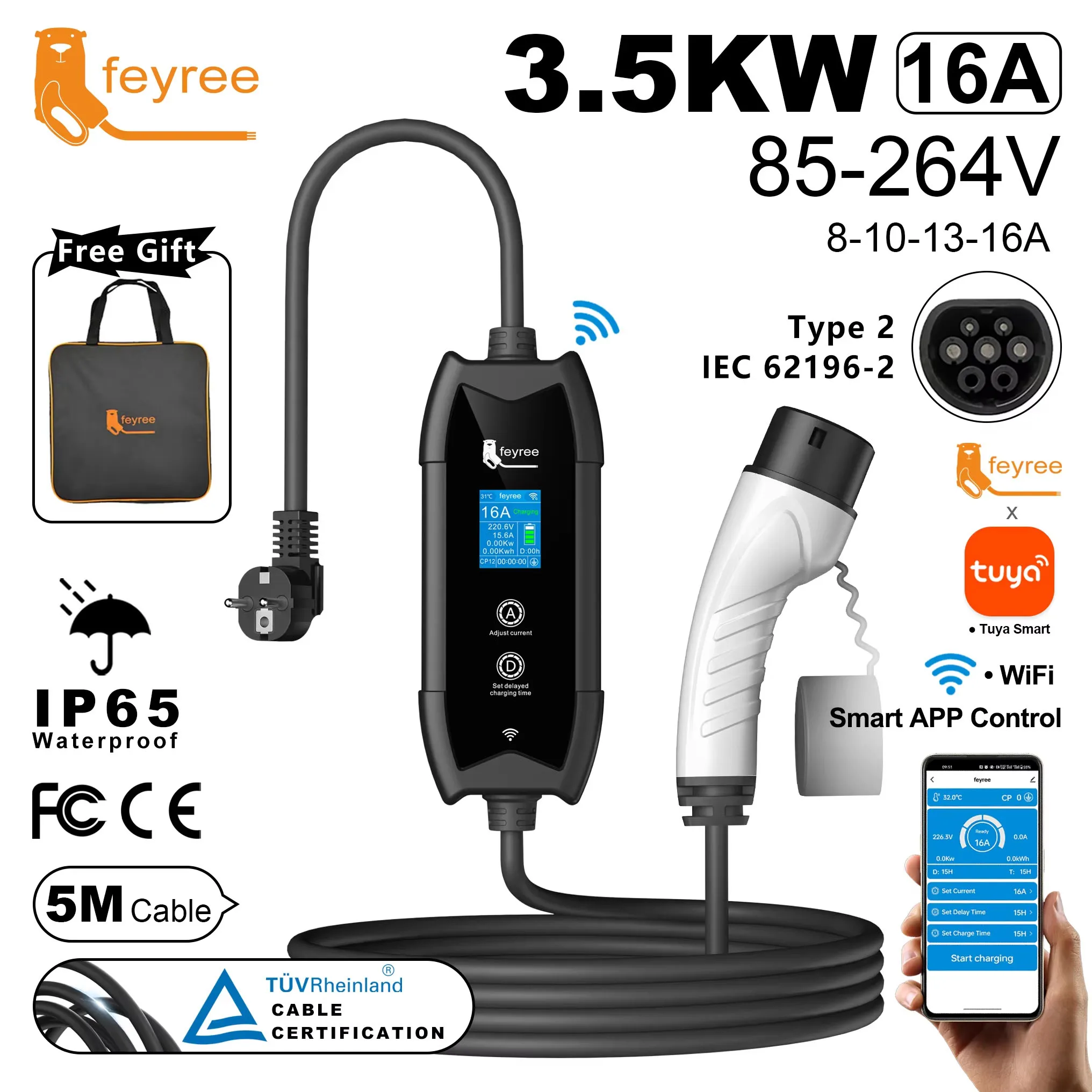 Feyree Typ2 EV-Ladegerät mit WLAN-App-Steuerung, 16A 3,5kW, 5M Kabel, Tragbare Ladebox mit Lade- und Verzögerungszeitfunktion für Elektrofahrzeuge