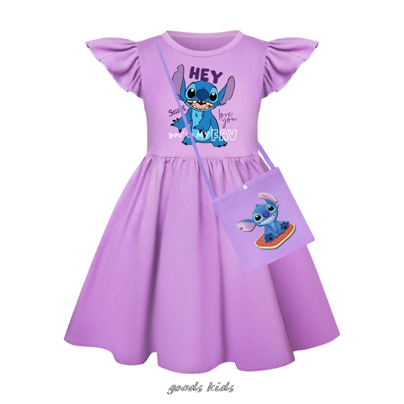 Vestidos de dibujos animados de Lilo y Stitch para niñas, ropa para niños, disfraz de Cosplay, vestido informal con manga de mosca, bolsa pequeña