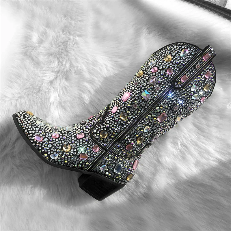 Onlymaker Women Rhinestone Boots Knee High Cowgirl Boots Medium Heel Chunky Heel Fashion Bling Western Boots