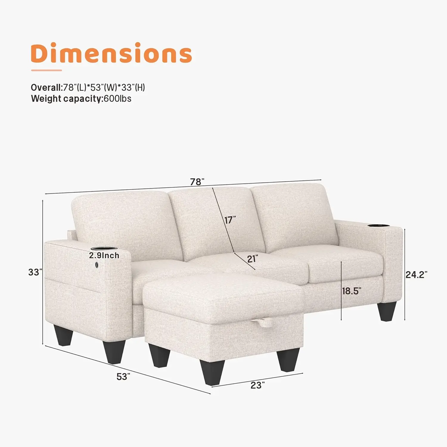 L-Shaped Sectional Sofa Tufted Mid Century Convertible Modern Linen Couch Living Room Apartment Wide White Wood Legs Support