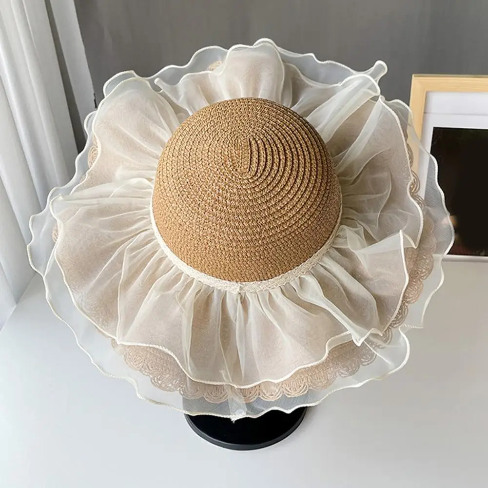 

Female Sunscreen Cap Net Yarn Decor Round Dome Beach Hat Women Big Brim Sunscreen Floppy Straw Hat Fashion Accessories