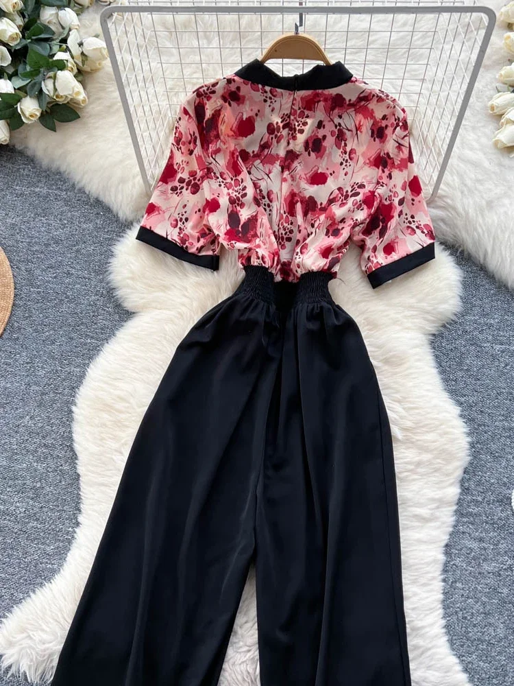 夏の女性の半袖オフィスレディカジュアルジャンプスーツファッショナブルでエレガントなプリントパッチワークワイドレッグストレートレッグパンツ C311