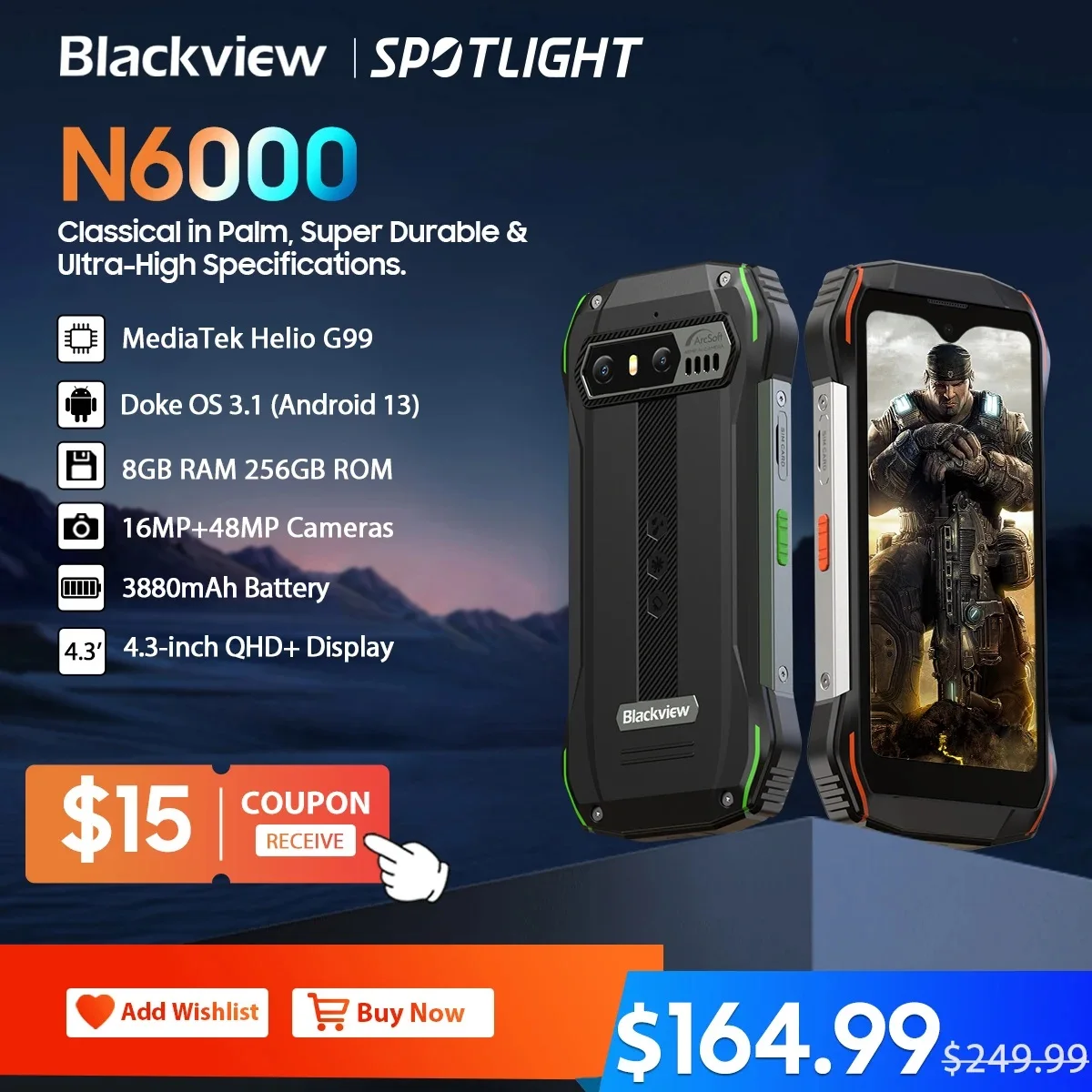 [World Premiere]Blackview N6000 Rugged Smartphone, Android 13 G99 Mobile Phone, 16GB 256GB 4.3''Display, 48MP Cameras Cellphones