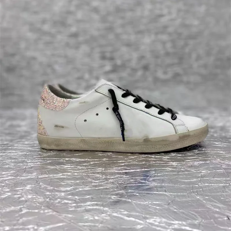 Retro Distressed Small Dirty Shoes, Genuine Leather Casual White Shoes, dirty Shoes, Round Toe Lace Up flat Bottom Sequins