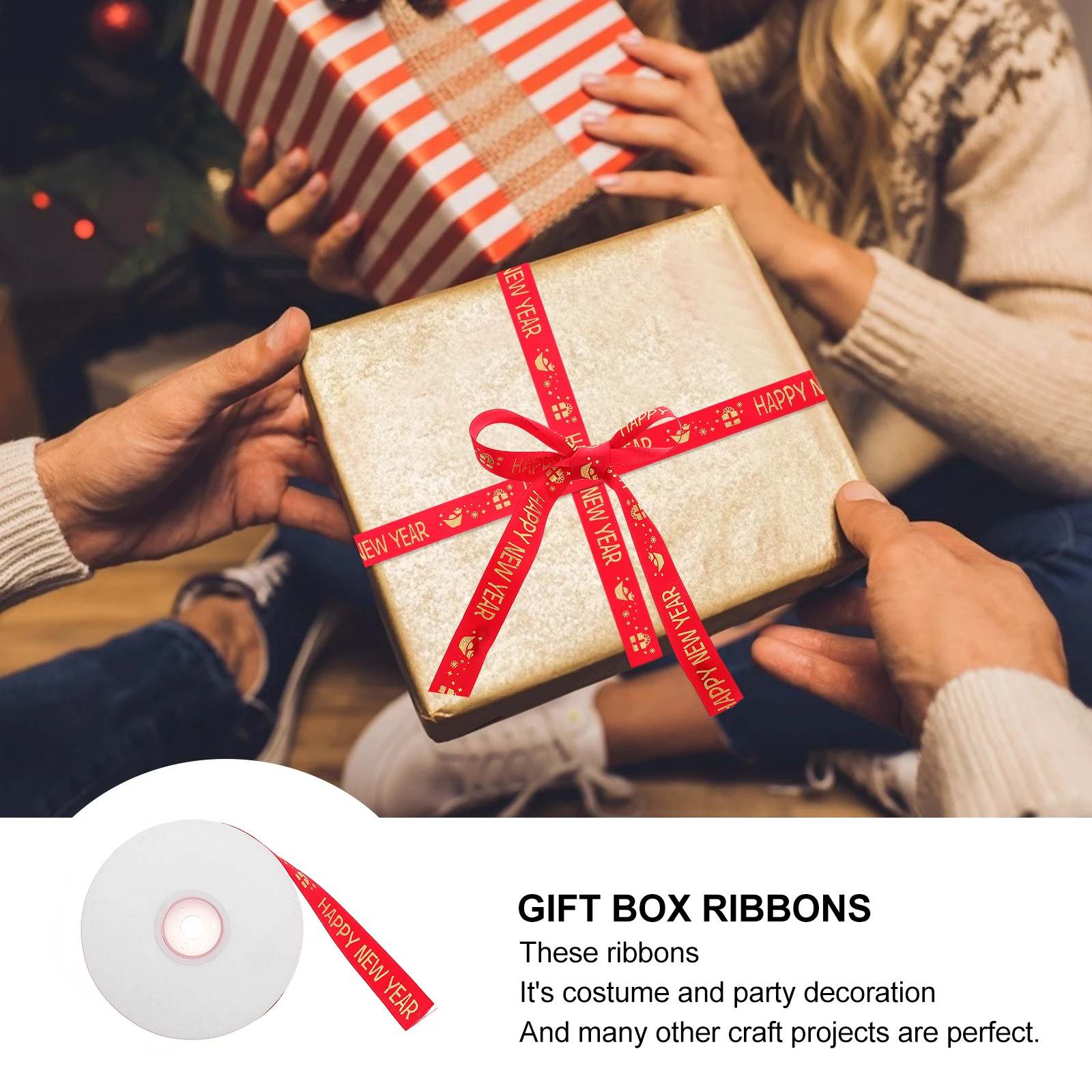 

New Year Ribbon Festive Happy Holidays Gift for Wrapping Polyester Ribbons Presents Fashionable