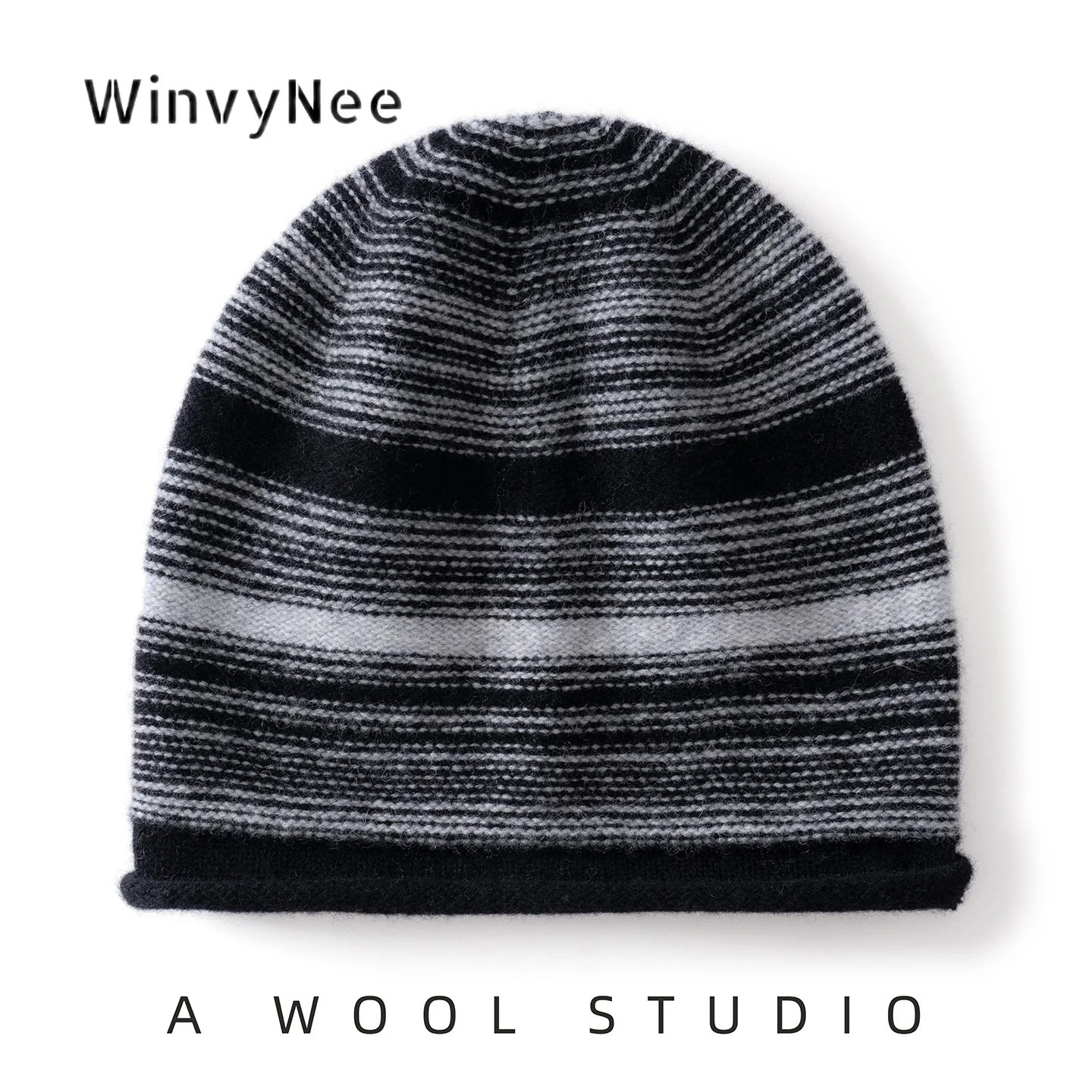 WinvyNee Women Pure Wool Knit Thick Striped Color Block Slouchy Hat Trendy Warm Fine Texture Versatile Autumn Winter ZI1883044