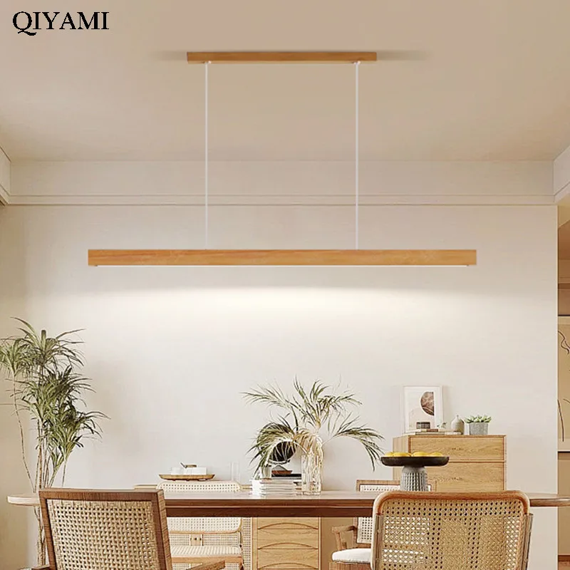 Simple Led Restaurant Pendant Lights Retro Walnut Color One-word Long Strip Chandelier Modern Home Interior Decor Lighting Lamps