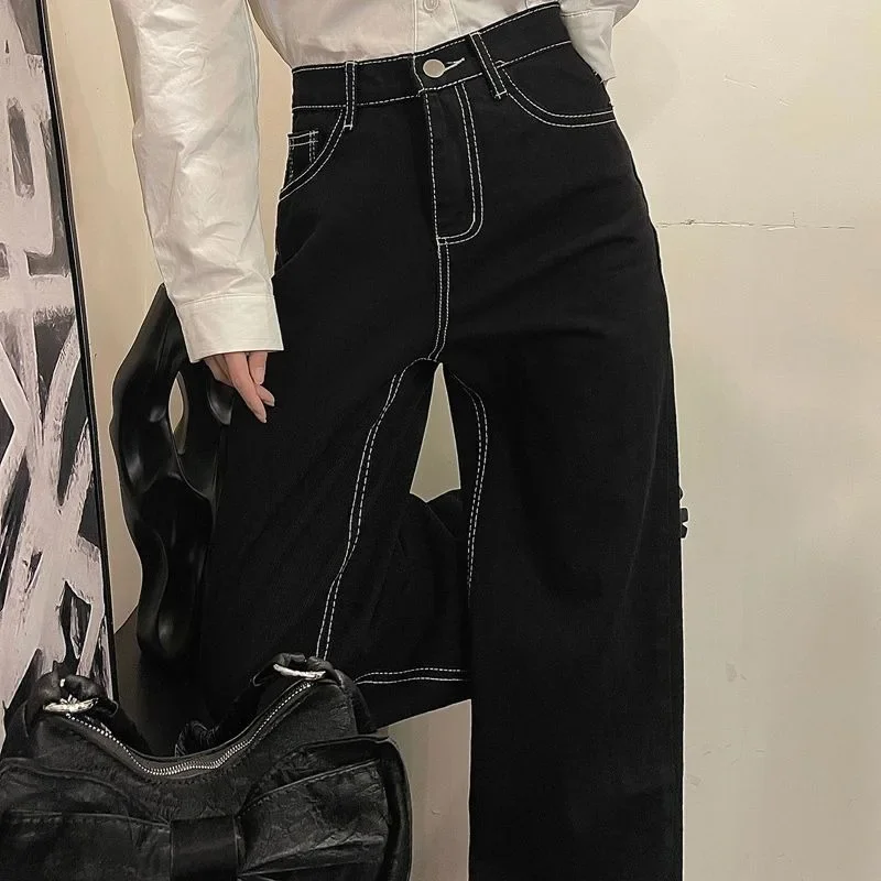 

Jeans Women Street Korean Style Straight Vintage College Cozy All-match Retro Pockets Fashion Harajuku High Waist Femme Simple