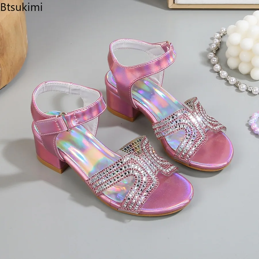 Girls' Coarse Heel Sandals 2026 Spring Summer New Fashion Rhinestone Crystal Soft Soled Princess Shoes Birthday Party High Heels