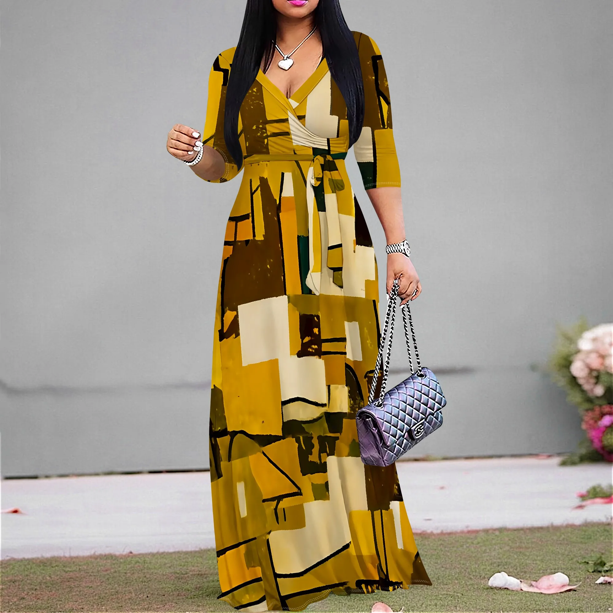 

Geometric Print Maxi Dress S-3XL V-Neck Wrap Half Sleeve Elegant Style for Art Show, Summer Party