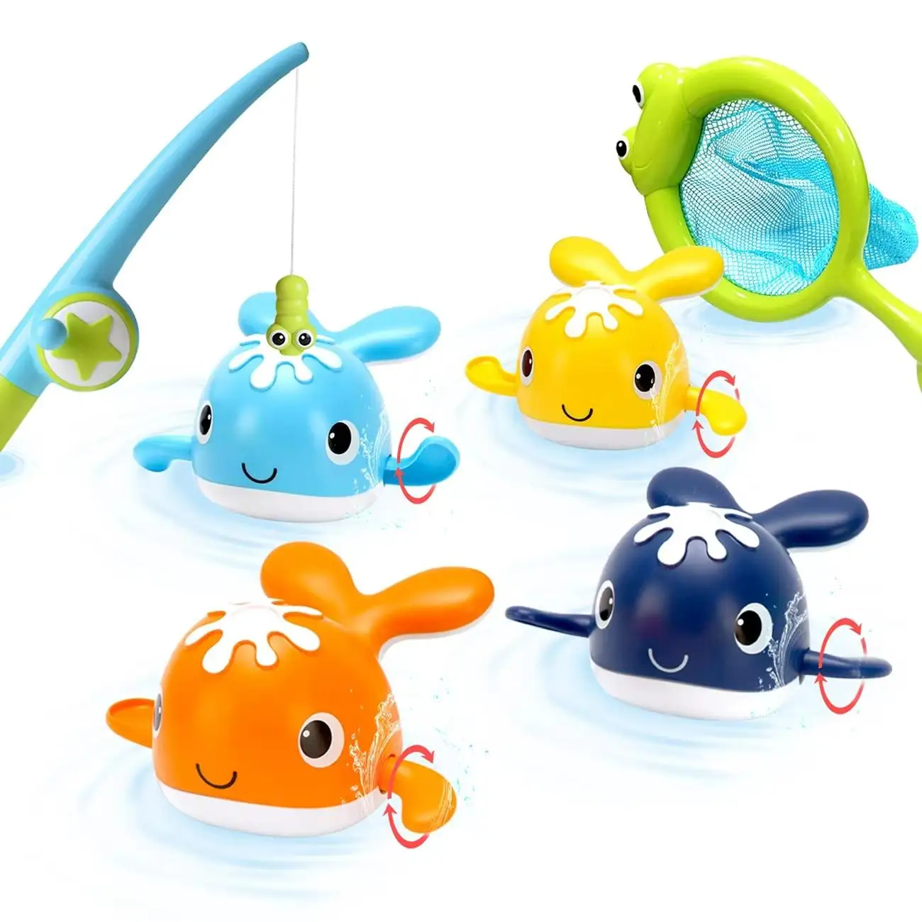 Magnet Fishing Toys Wind-up Swimming Whales Fishing Game Toy Water Tub Toys Set with Fishing Pole Net for Kids