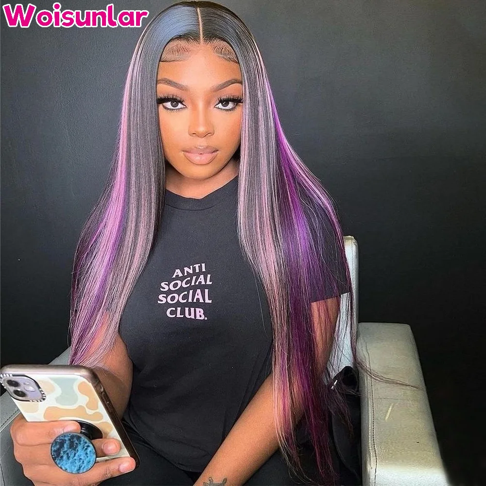 Wig renda depan Hitam dan Ungu Highlight rambut manusia 13X4 13x6transparan rambut manusia lurus renda untuk Wig rambut manusia wanita 100%