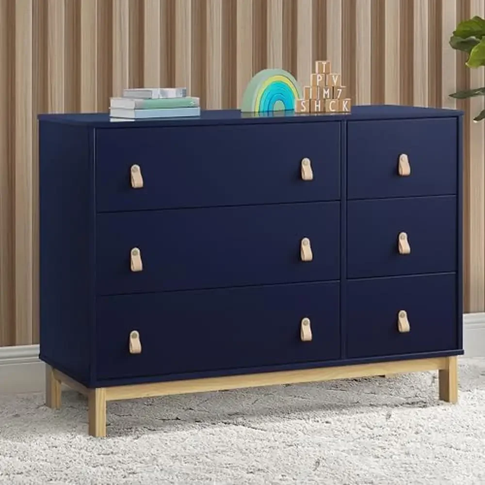 6-Drawer Dresser Leather Pulls Interlocking Drawers Greenguard Gold Certified Navy/Natural Safe Option Easy Assembly Durable