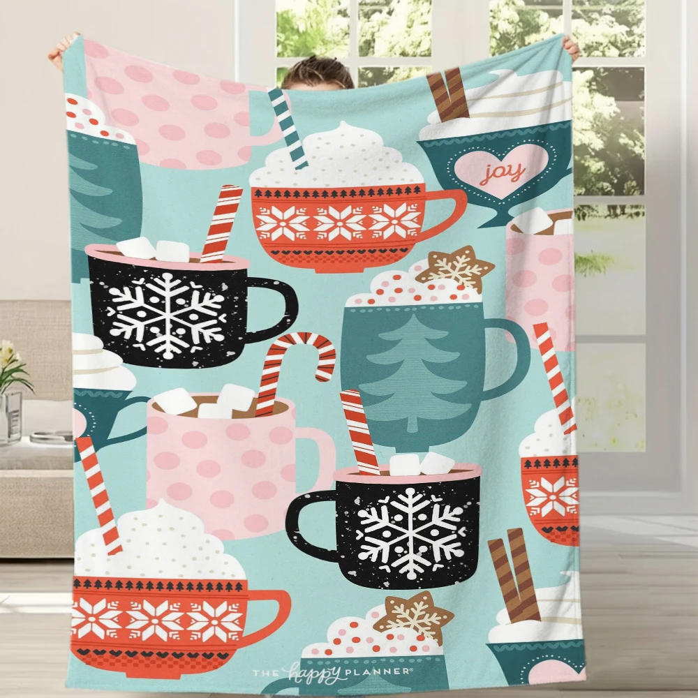 2d Printed Light Blue Hot Cocoa Marshmallow Cup Pattern Throw Blanket For Holiday Xmas Gift Living Room Decor