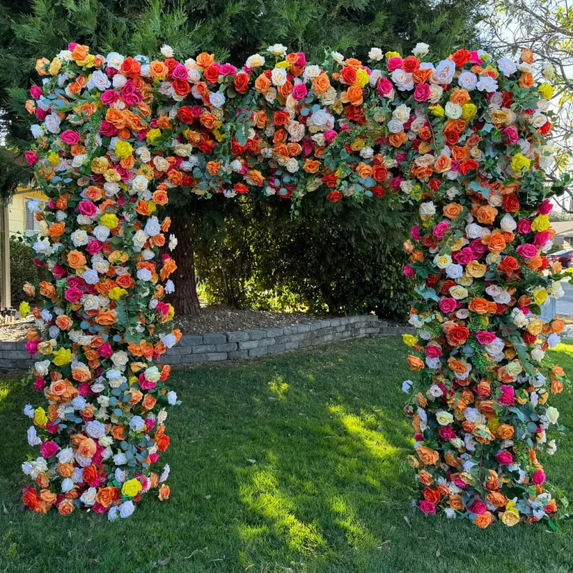 

Uflower Green Orange Fabric Arch Artificial Flower Wall Wedding Round Backdrop Arch Deco Table Centerpiece Floral Party Decor