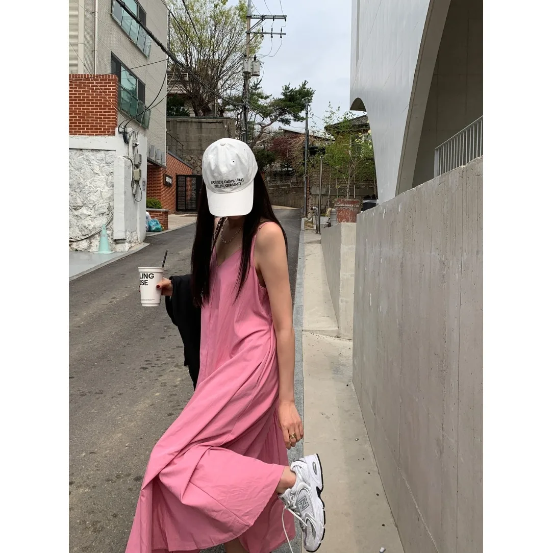 Korean Sle Summer Elegance V-Ne Sexy Bal Lazy Casual Vaion Vibes Strapl Dr High Waist A-Line Midi Dr