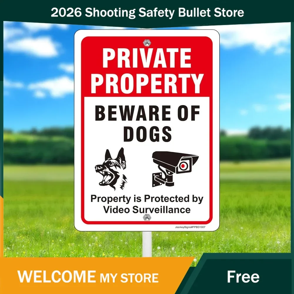 Private Property Sign Set - Beware of Dog & Video Surveillance - Aluminum Metal with Adjustable Stake Kit, UV - Fade Resistan