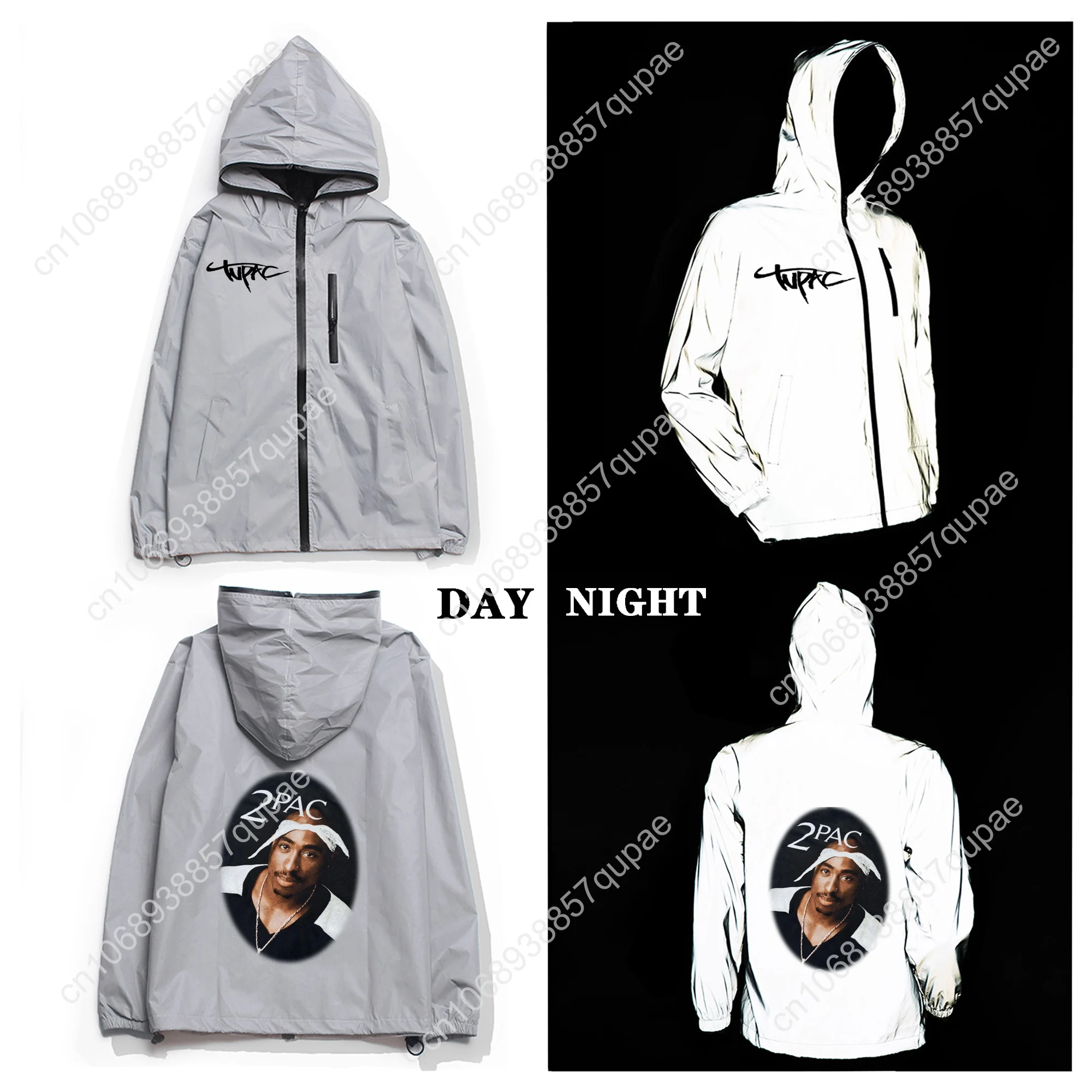 Tupac Rapper 2Pac Reflective Jacket Mens Womens Coat Hooded Windbreaker Runing Pocket Jackets Cycling Hiking Customized Hoodie