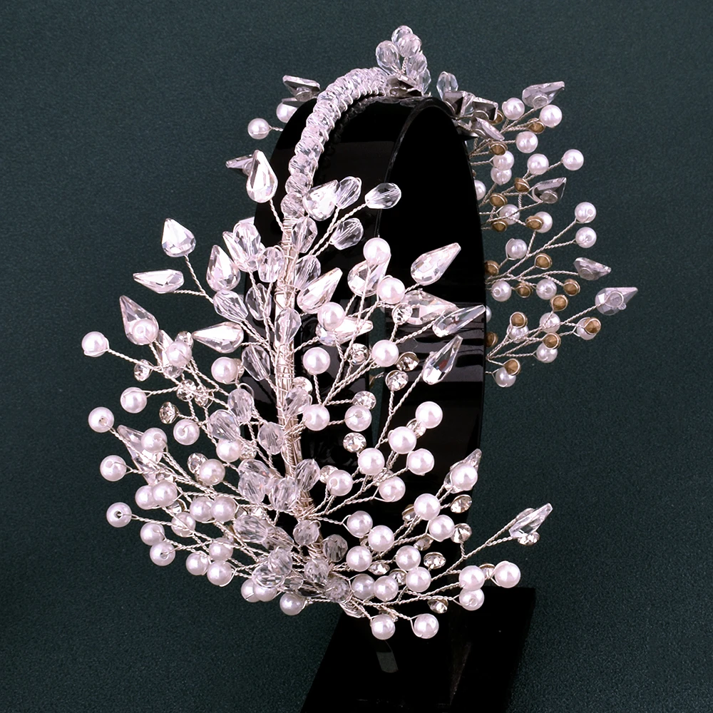 Headband artesanal de cristal pérola para mulheres, tiara prateada e cocar, concurso de noiva, jóias para cabelo, casamento elegante, DZ163