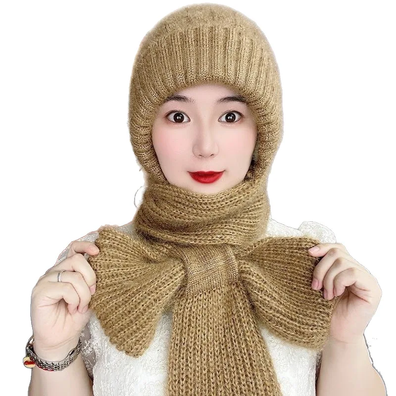 Winter Knitted Hat Scarf Integrated Cross Style Fleece-Lined Beanie for Women with Neck Warmer