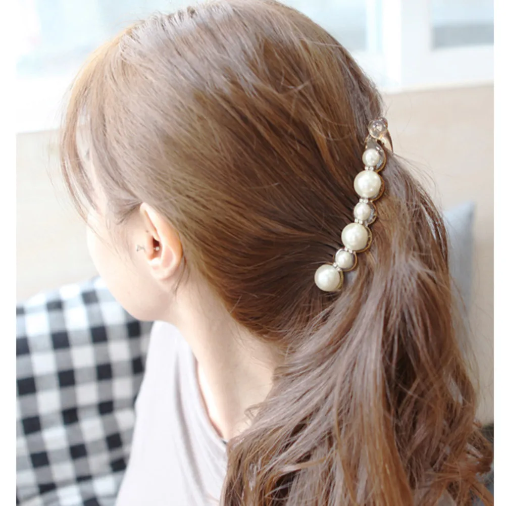 

2Pcs Elegant Pearl Banana Hair Clip Vertical Claw Ponytail Holder Quick Styling Comfortable All Day Hold for Office Beach Party