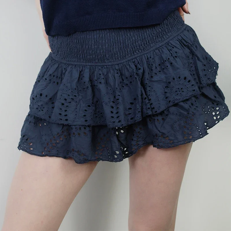 Women Y2K Ruffle Layered Hollow Mini Skirts Smocked A Line Pleated Short Skirts Teen Girls Boho Beach Mini Skirts