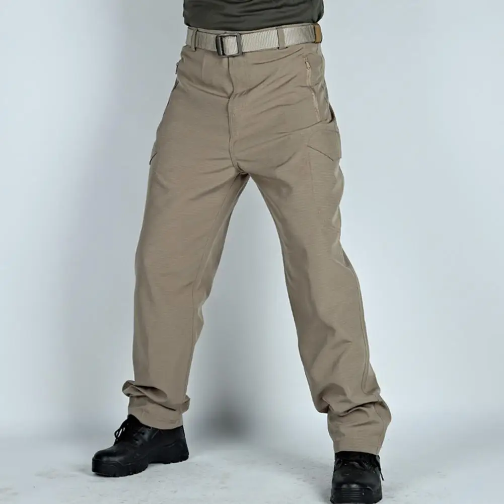 Men Cargo Pants Mid-rise Button Zipper Fly Outdoor Casual Pants Pockets Wide Leg Quick Drying Sport Long Trousers