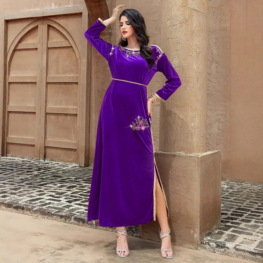 Ba5164 Velluto viola Cigno Velluto cucito a mano Strass Patchwork Nastro dorato Abito lungo Abito toast Abito formale Elegante