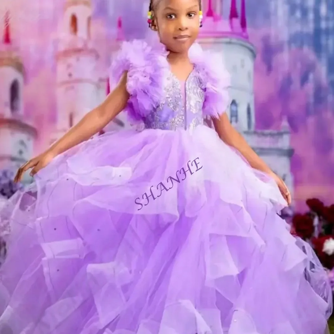 

Индивидуальное элегантное платье для девочек с рюшами и цветами, серебряное кружевное пышное тюлевое платье для свадьбы, дня рождения, мероприятий и фотосессий C