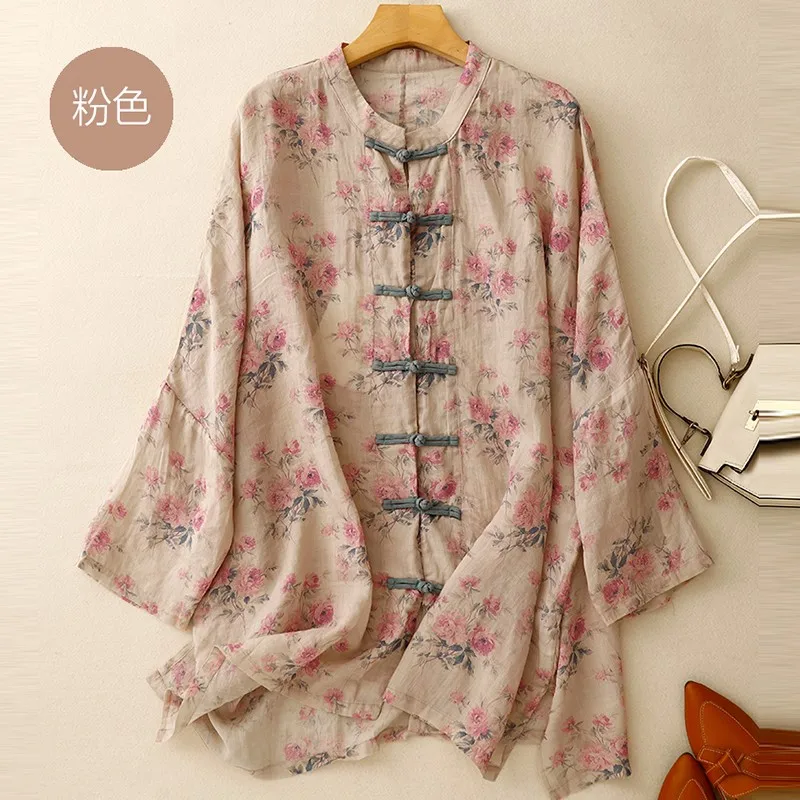 Chinese Style Women Casual Shirt New Arrival 2024 Summer Vintage Floral Print Loose Comfortable Female Long Tops Shirts B3931