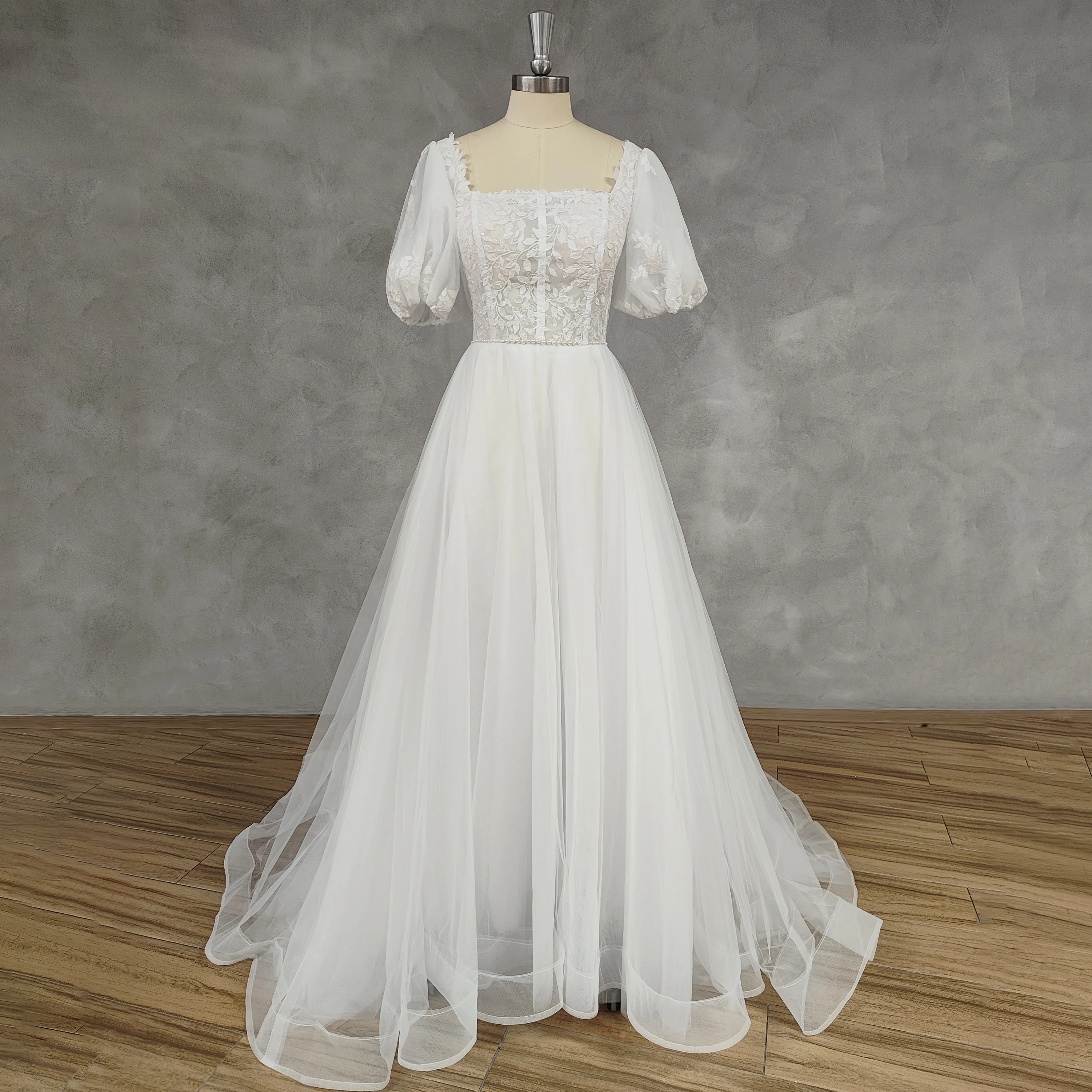 DIDEYTTAWL Real Picture Princess Square-Neck Puff Sleeves Appliques Tulle A-Line Wedding Dress Backless Sweep Train Bridal Gown