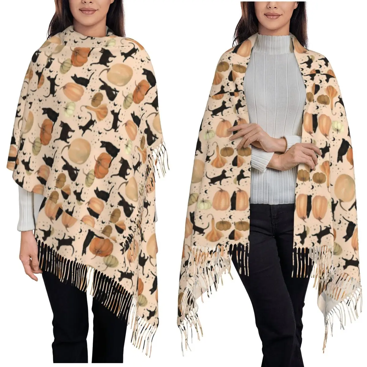 Black Cat Pumpkin Patch Fall Halloween Pattern Scarf Tassel Scarves Women Soft Warm Shawls and Wraps Long Fall Winter Shawl Wrap