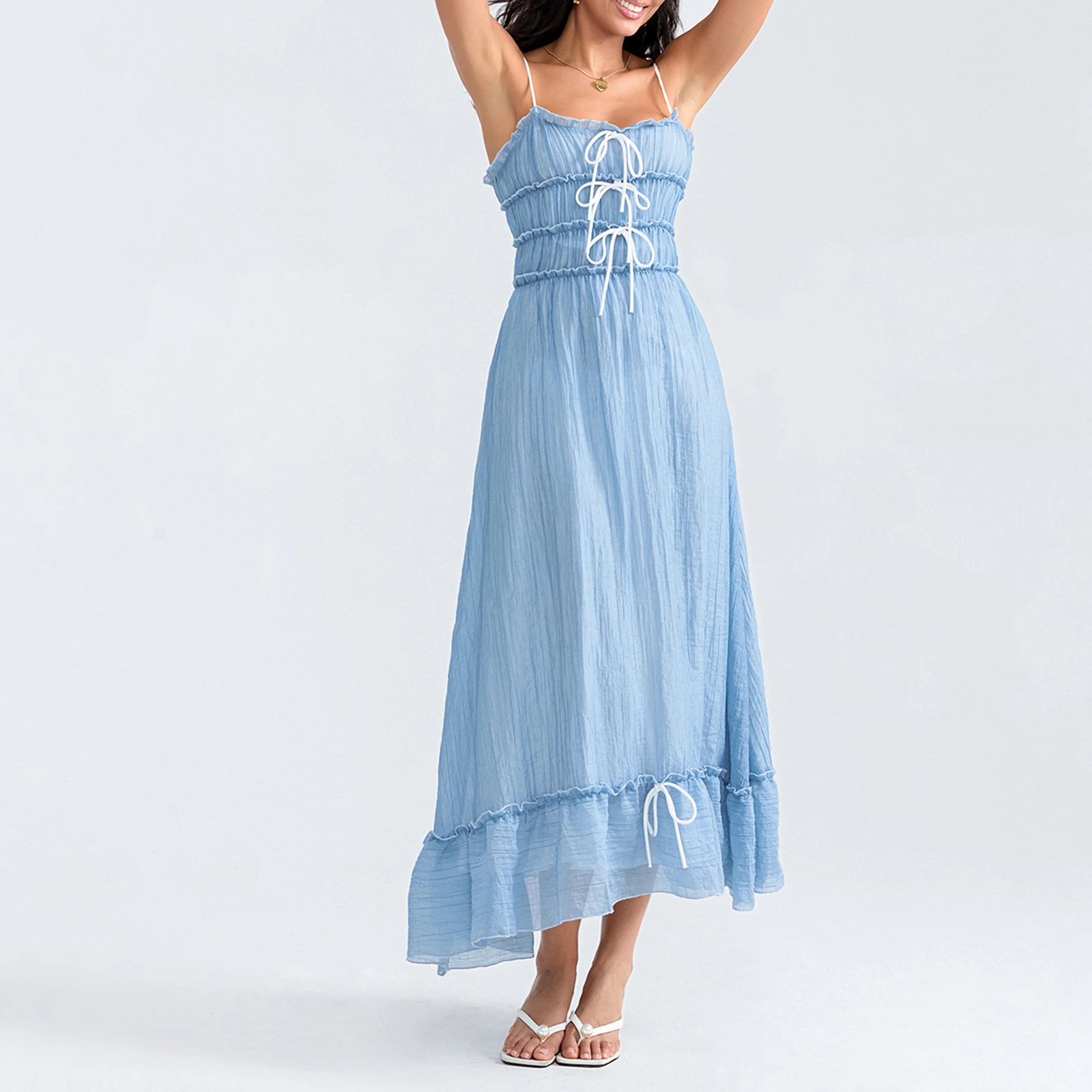 2025 ผู้หญิงชุด Cami Contrast Trim Tie-Up สปาเก็ตตี้ชุด Patchwork ฤดูร้อนสบายๆชุดยาวเปลือย